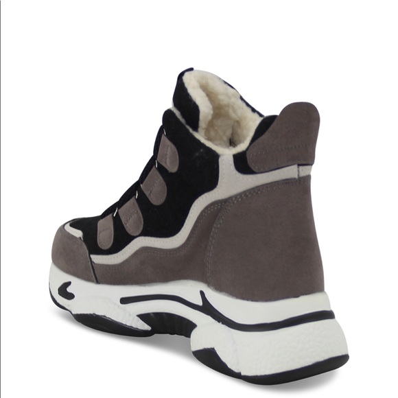 Fur Lined Thick Sole Winter Sneaker in Grey Faux Suede - Women’s - Picture 3 of 5